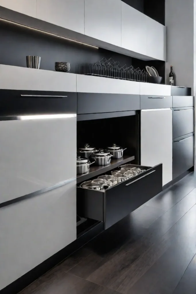 Kitchen with concealed storage and black countertop