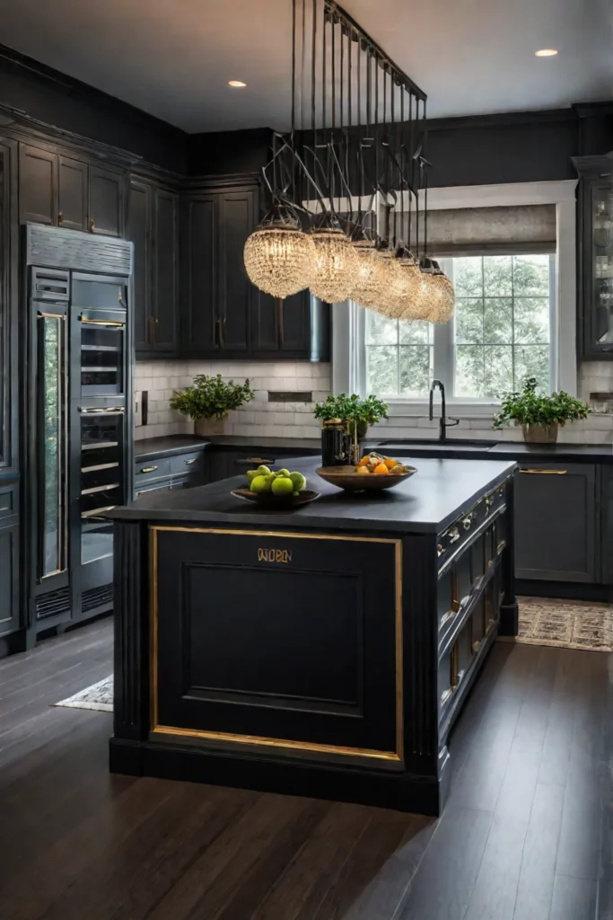 Kitchen with dark gray cabinetry and black quartz countertop