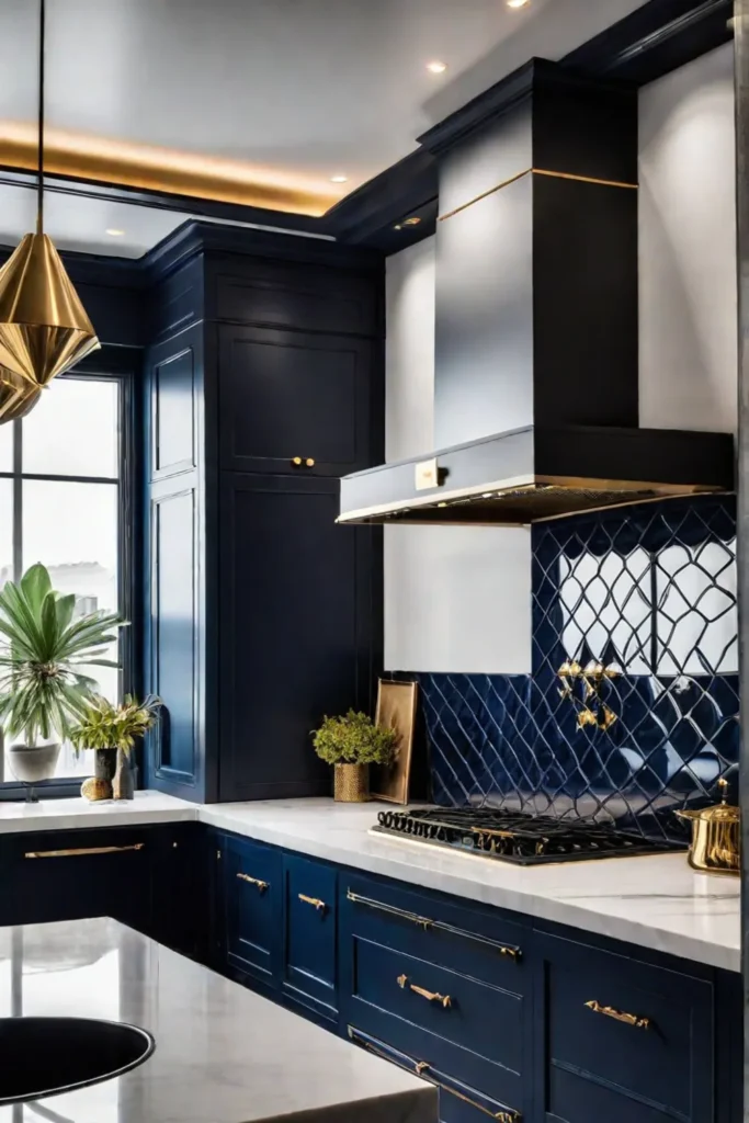 Kitchen with dark navy cabinetry and brass accents