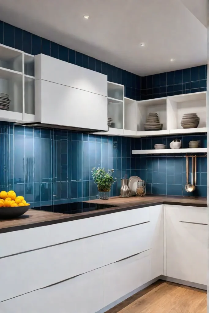 Kitchen with glass backsplash and smart storage