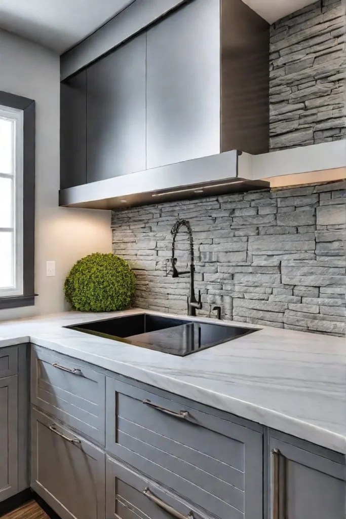 Kitchen with stacked stone veneer accent wall and farmhouse sink