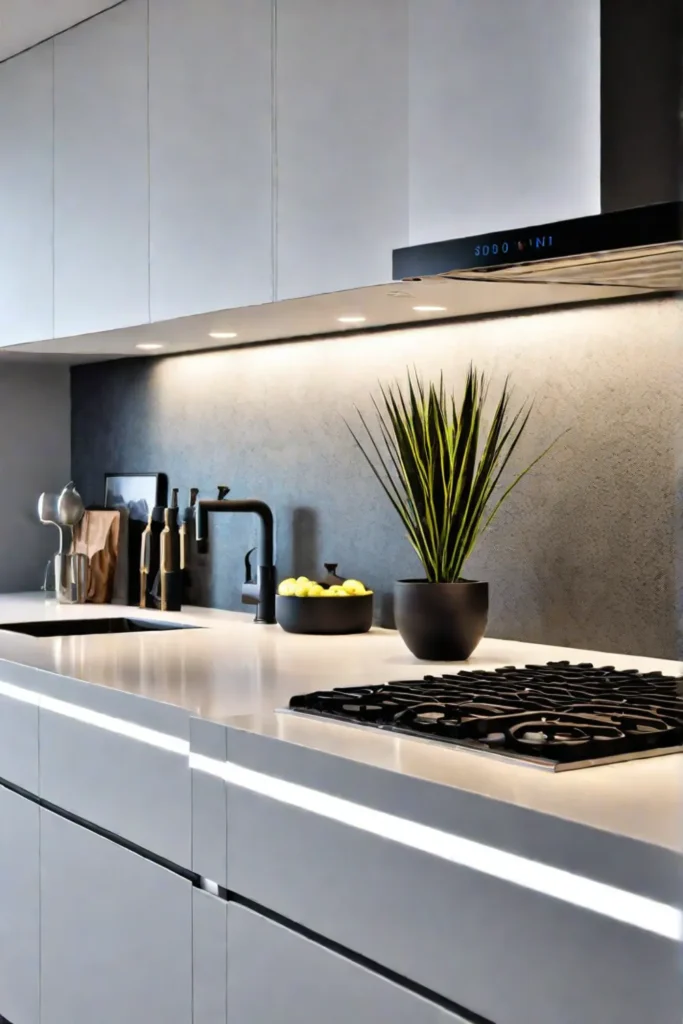 Kitchen with undercabinet lighting illuminating countertops backsplash and cabinets