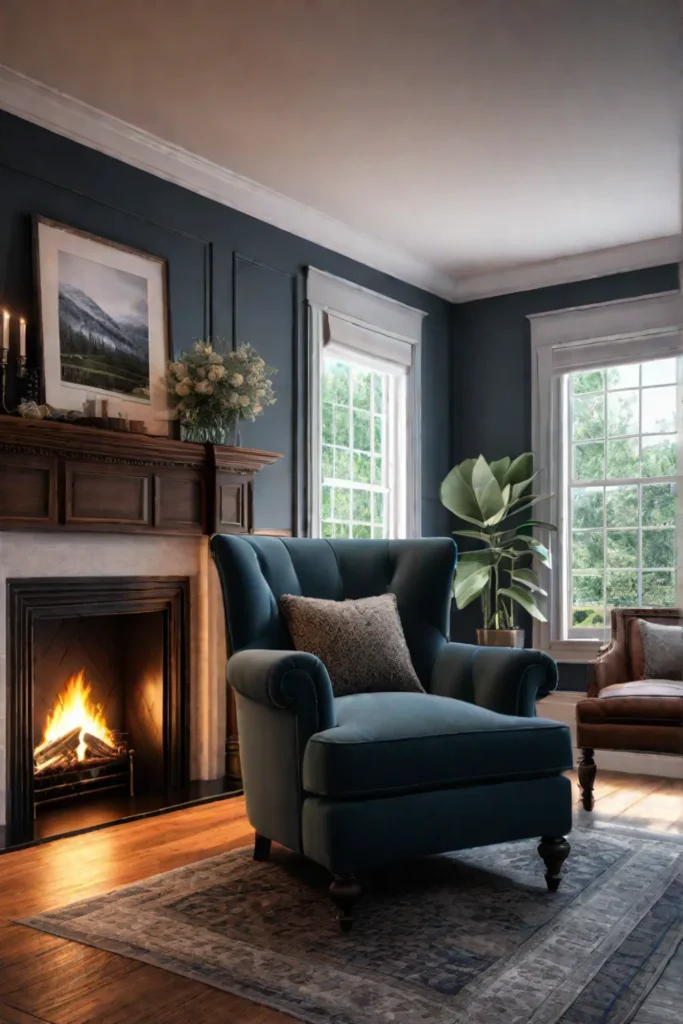 Living room embracing slow living with reading chair and fireplace