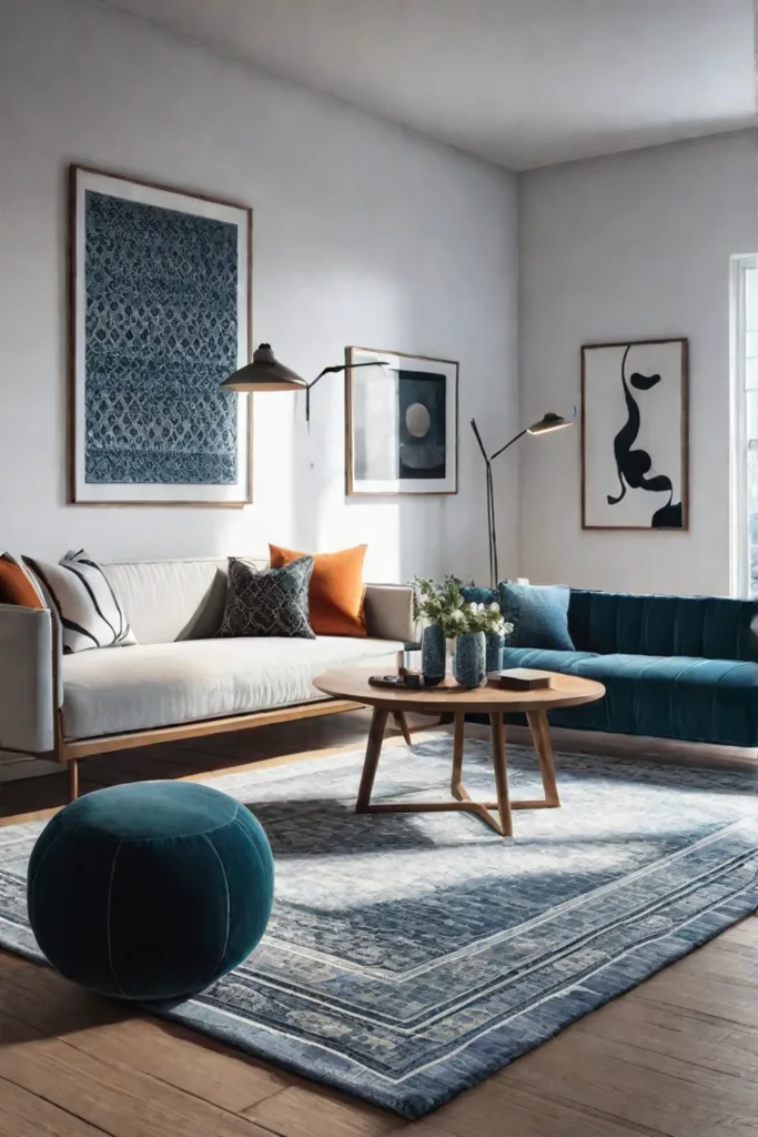 Living room with handcrafted rug and ceramics