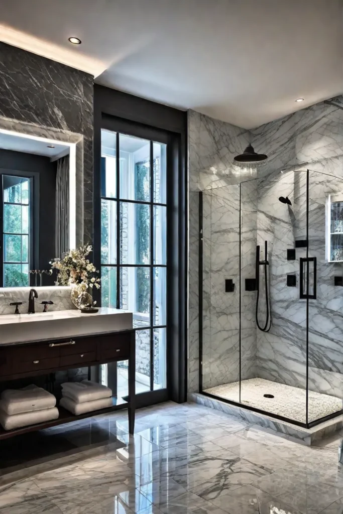 Luxurious master bathroom with marble steam shower and mosaic tiles