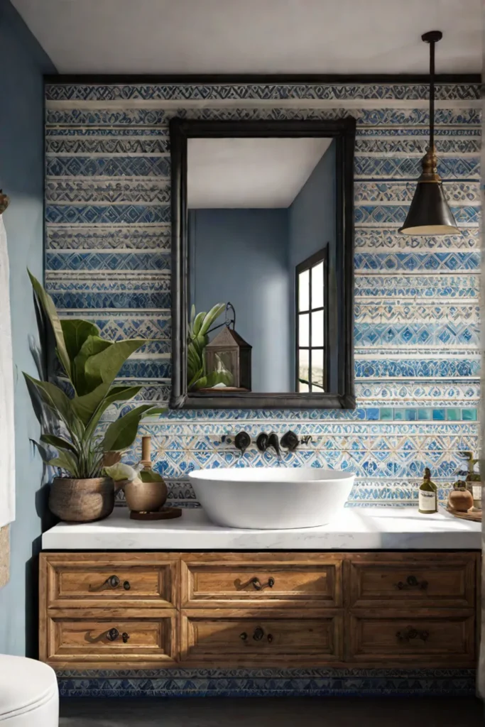 Mediterranean coastal bathroom with handpainted tiles and wrought iron