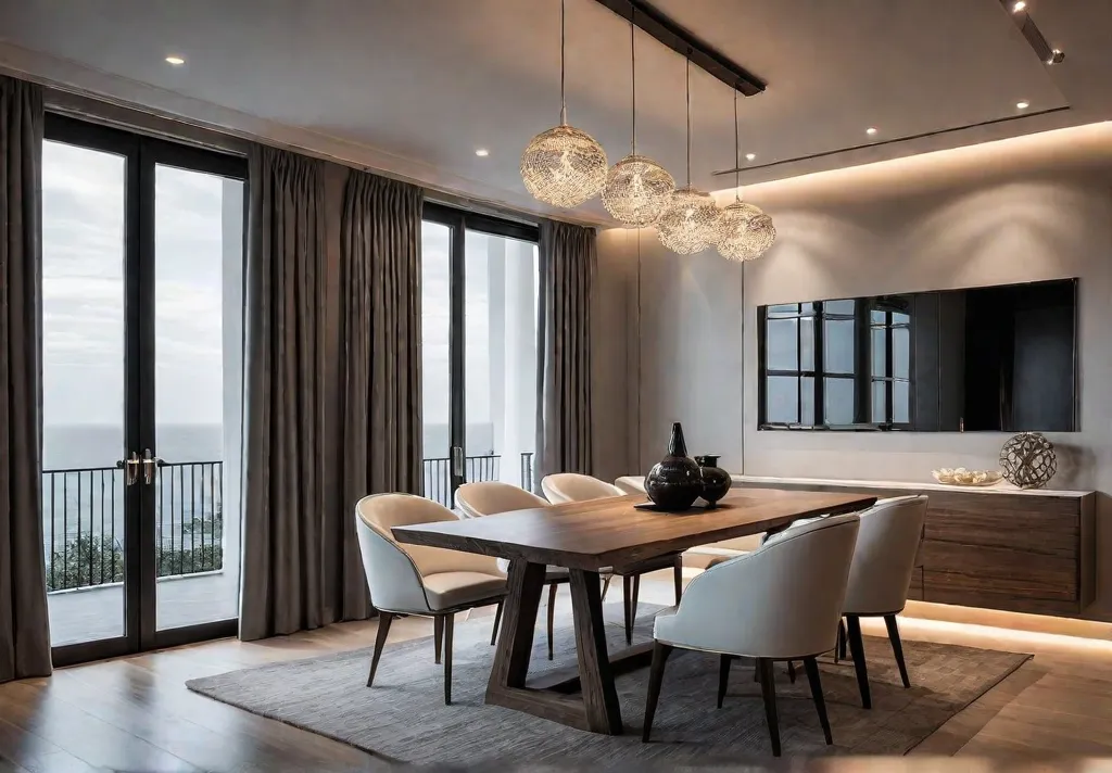 Minimalist dining room with clean lines neutral tones and a focus onfeat