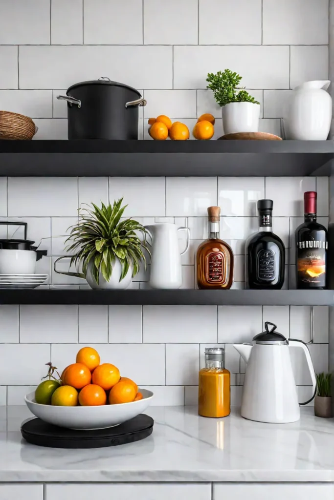 Minimalist kitchen with stainless steel floating shelves against a white tile backsplash