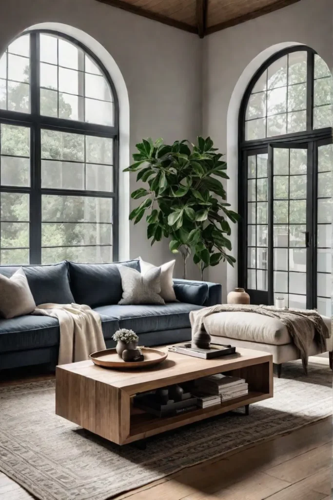 Minimalist living room with natural materials and abundant natural light