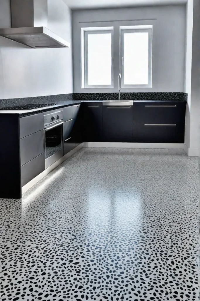 Minimalist kitchen with custom black and white terrazzo floor