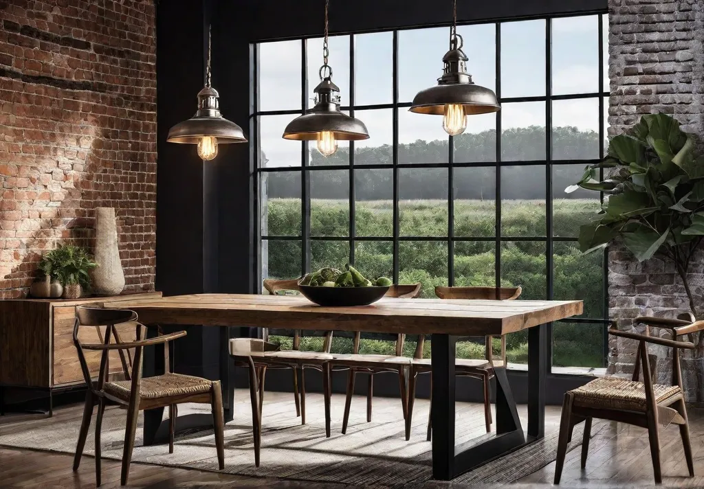 Modern dining room with exposed brick walls and metal pendant lighting featuringfeat