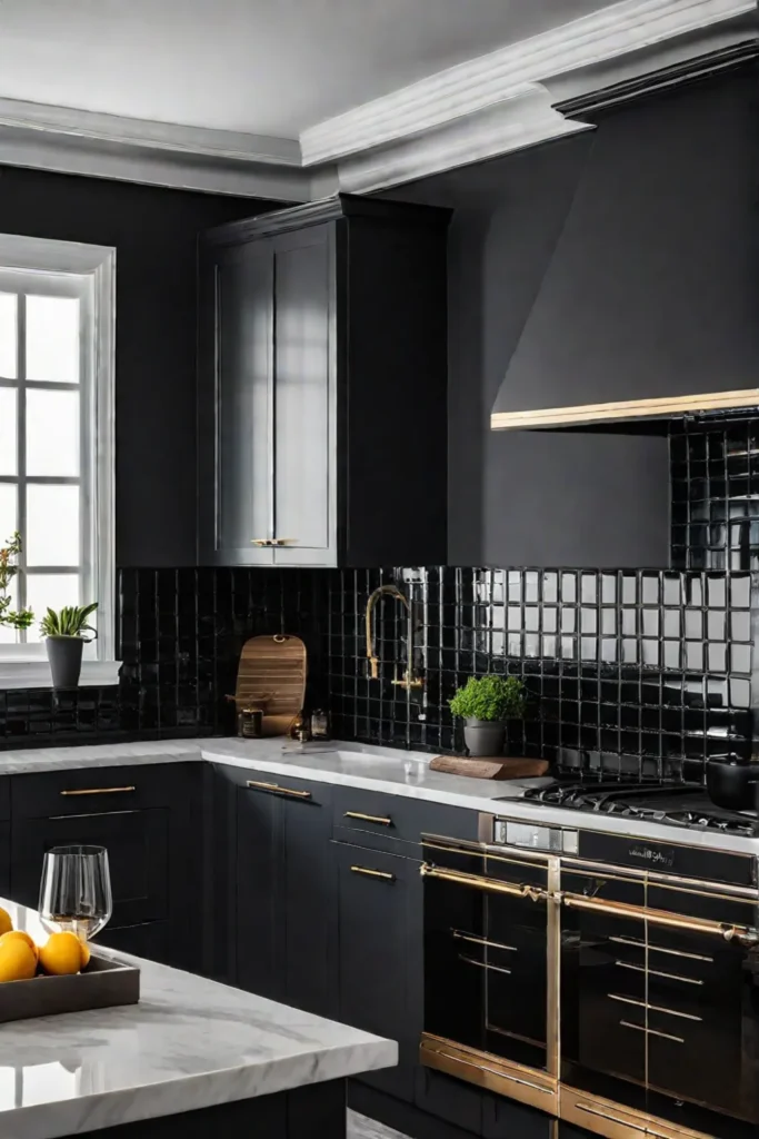 Modern farmhouse kitchen with black subway tile backsplash