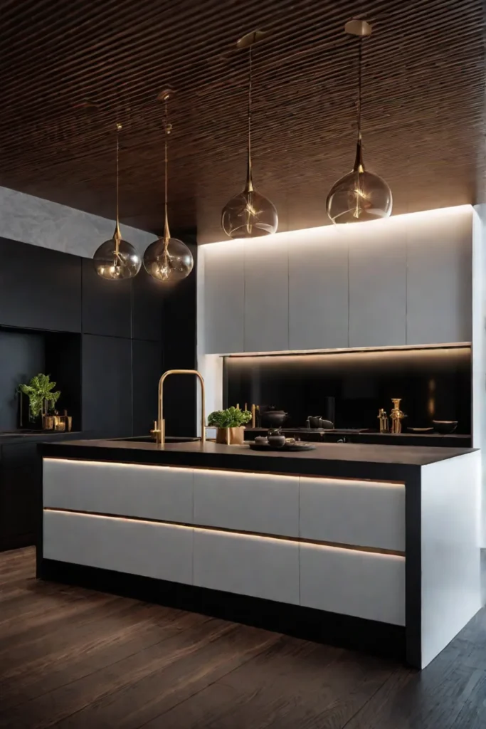 Modern kitchen with dramatic black walls and gold accents