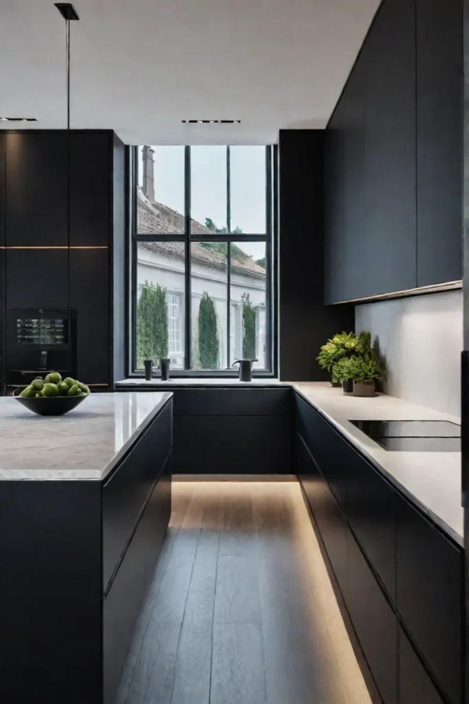 Modern luxury kitchen with black slab door cabinetry and undercabinet lighting