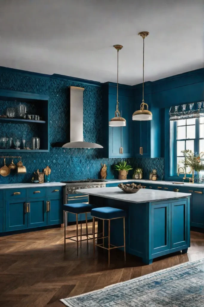 Modern luxury kitchen with bohemian flair and peacock blue cabinetry