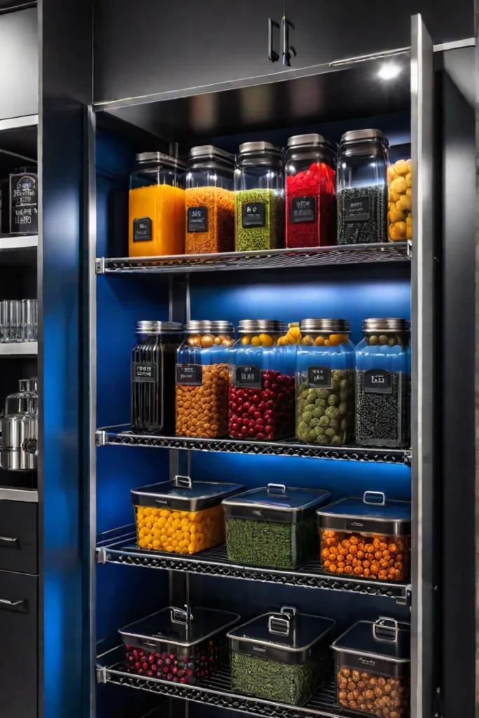 Modern pantry with metal shelves and glass containers