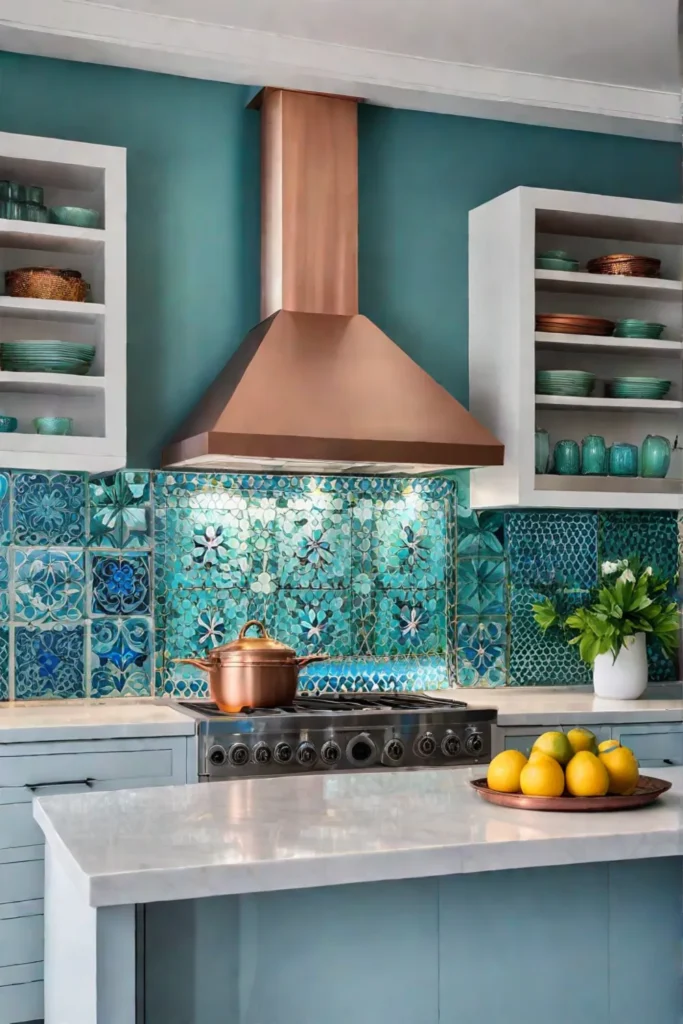 Mosaic tile backsplash with blue and green floral pattern in a farmhouse