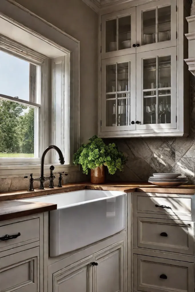 Natural Stone Backsplash in Sunlit Farmhouse Kitchen