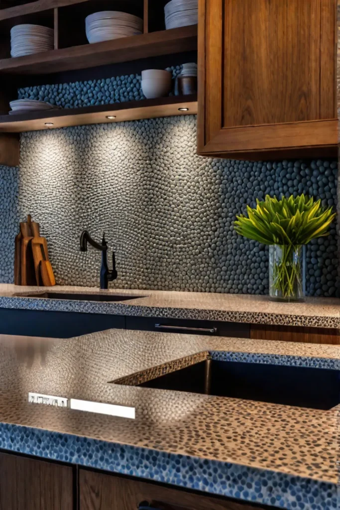 Pebble mosaic backsplash in a farmhouse kitchen with natural stone countertops and