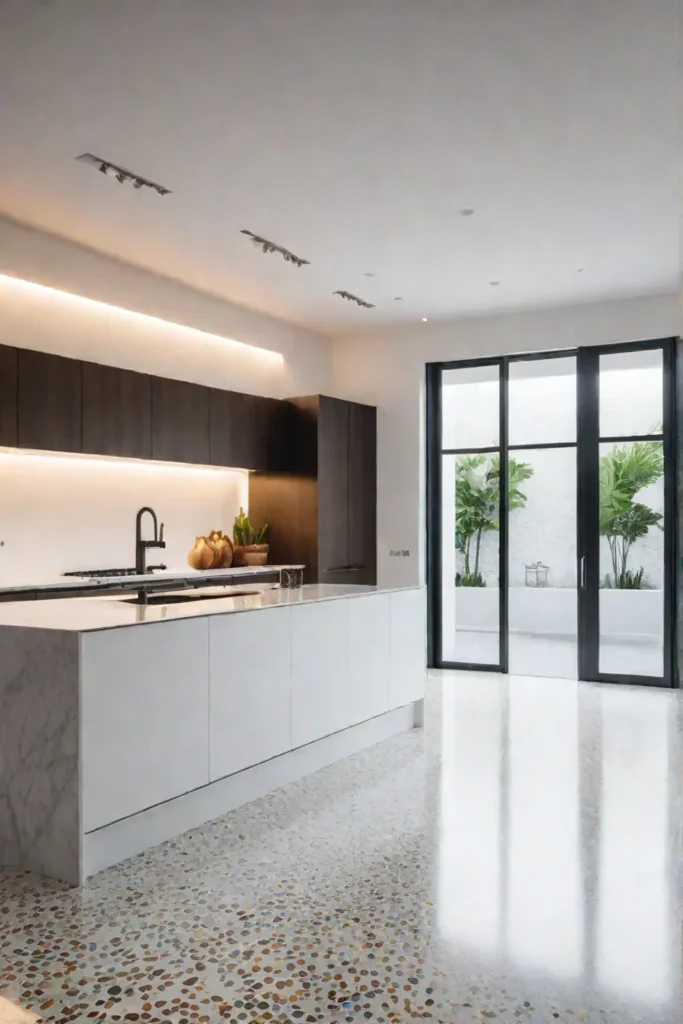 Playful terrazzo floor with large chips in a sunlit kitchen