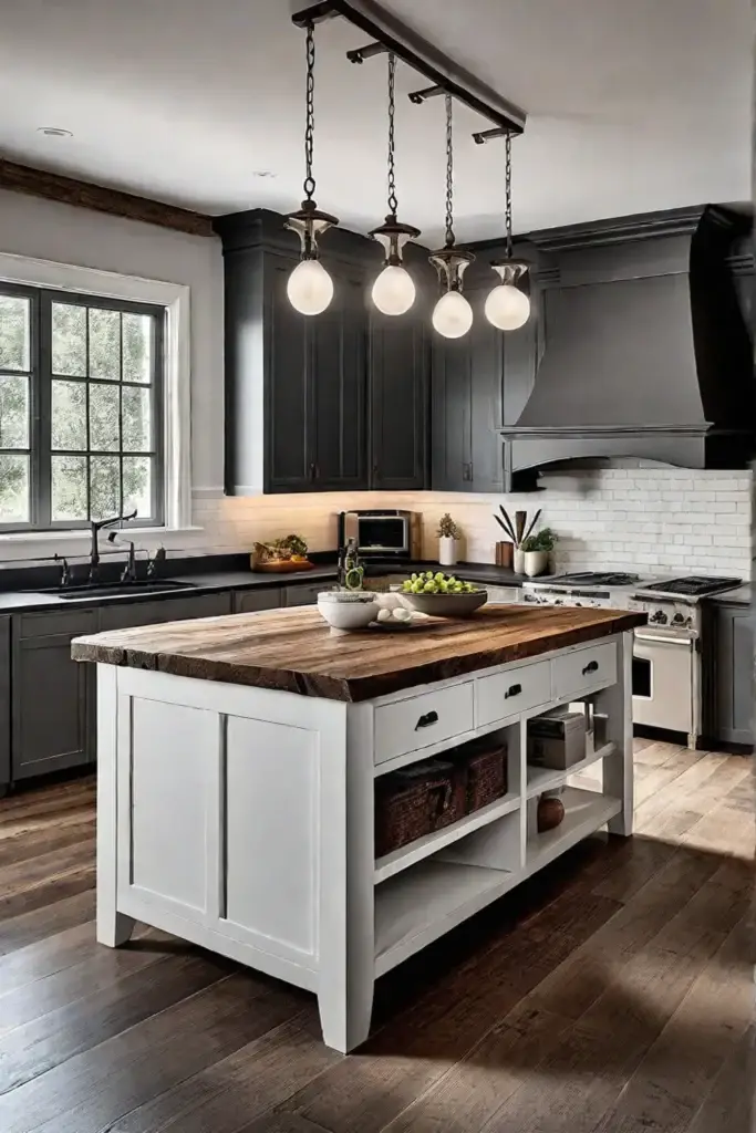 Rustic farmhouse kitchen island with reclaimed wood and stone countertop
