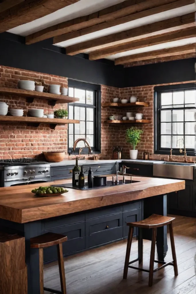 Rustic kitchen with exposed brick and wood accents