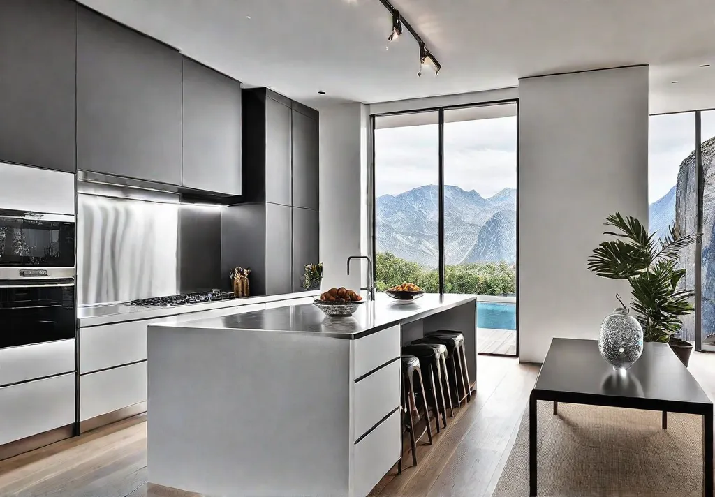 Sleek and minimalist kitchen island with clean lines white cabinets and afeat