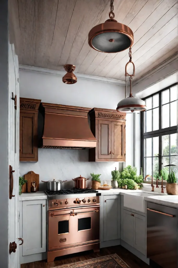 Tiny kitchen with a ceilingmounted pot rack for cookware storage