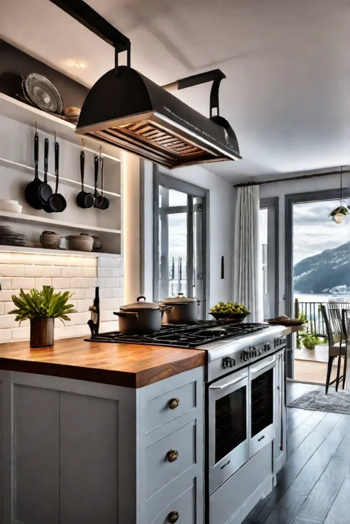 Tiny kitchen with a hanging pot rack above the stove