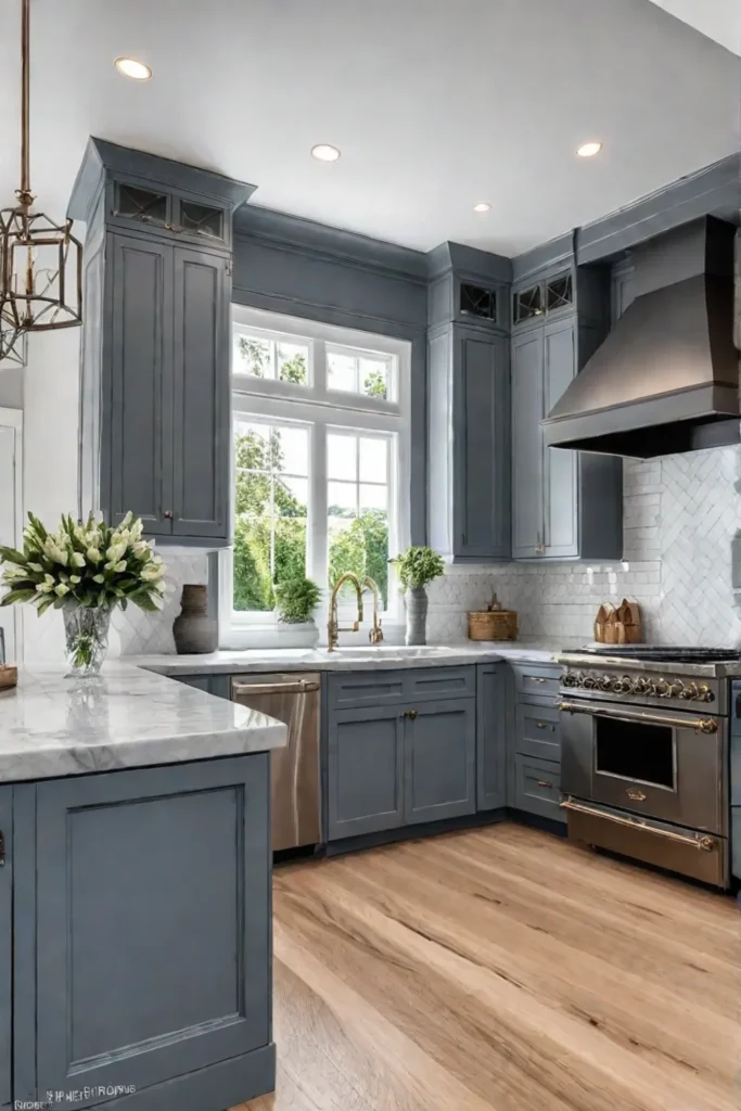 Traditional kitchen with muted bluegray cabinets and marble countertops