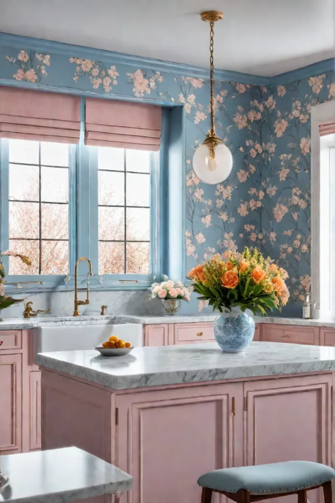 Tranquil kitchen design with pastel accents and floral wallpaper