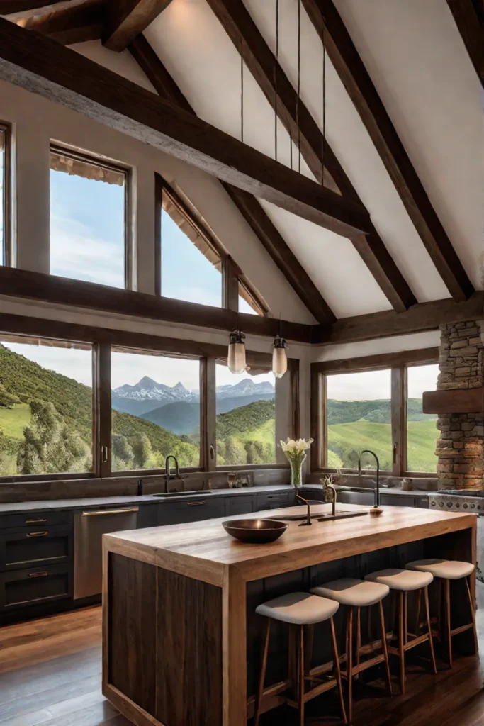 Warm and inviting kitchen with exposed wood and stone