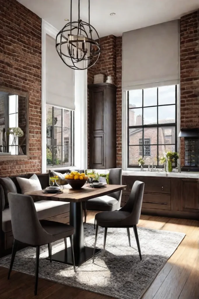 Warm kitchen with brick accent wall and dark wood cabinetry