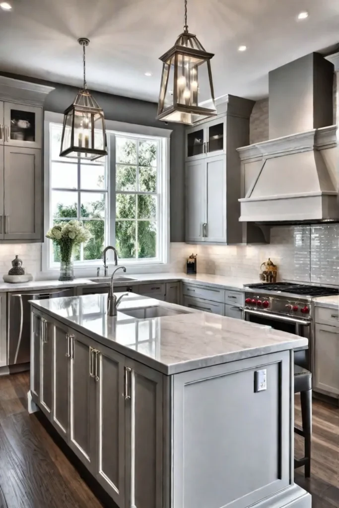 a beautifully designed transitional kitchen island with gray shakerstyle cabinets quartz countertops