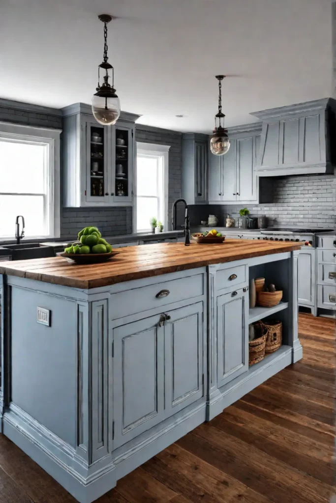 a charming farmhousestyle kitchen island with distressed wood cabinets shiplap accents and