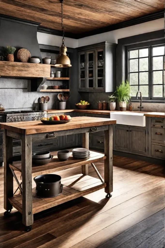 a cozy farmhouseinspired kitchen with a rustic wood island and shakerstyle cabinets