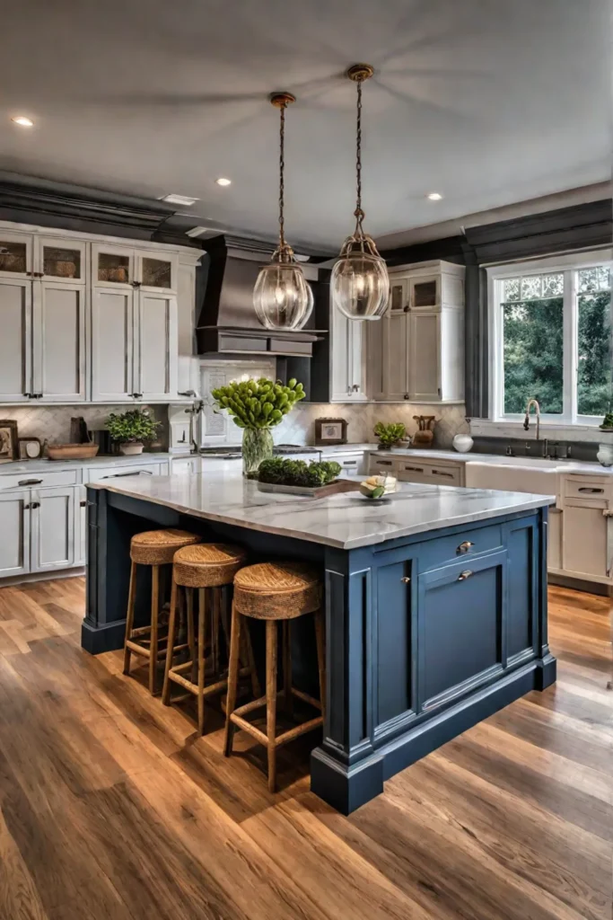 a kitchen with a painted island in a bright eyecatching hue that