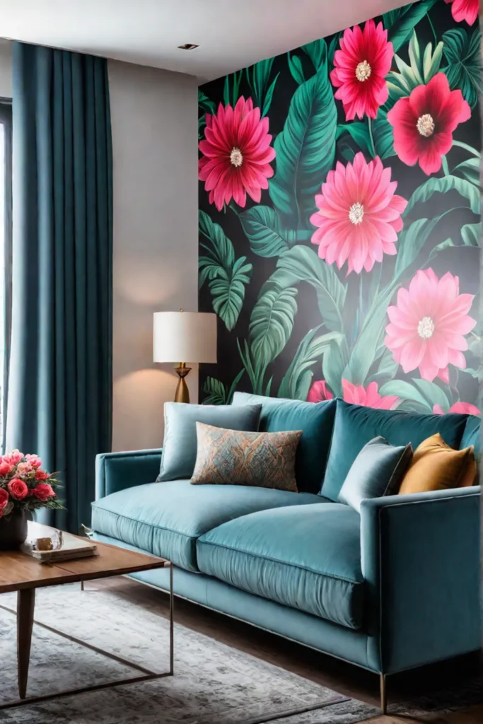 a living room with a floral and botanical accent wall creating a