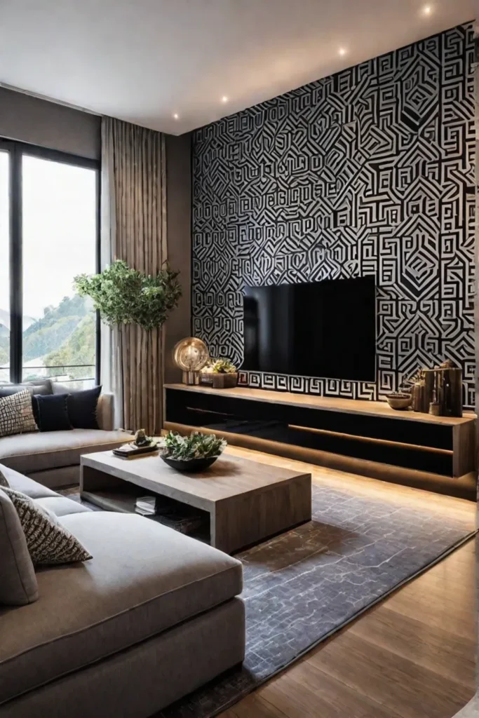 a living room with a geometric patterned accent wall showcasing a modern