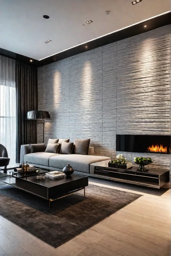 a living room with a textured wallpaper accent wall creating a cozy