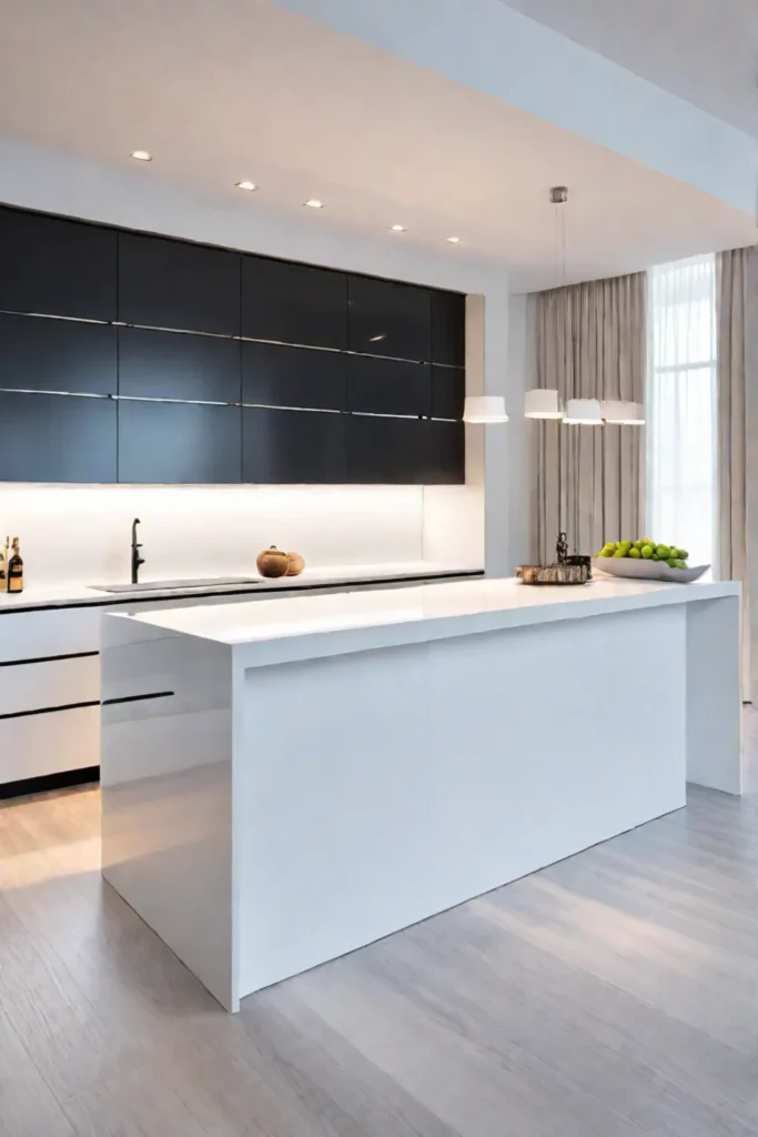 a modern kitchen island with a sleek minimalist design featuring white flatpanel