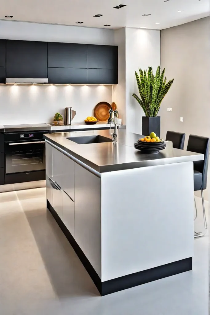 a modern minimalist kitchen with a sleek white island and stainless steel