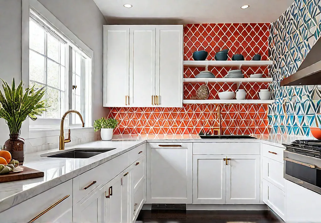 A bright airy kitchen with white cabinets and countertops is given afeat