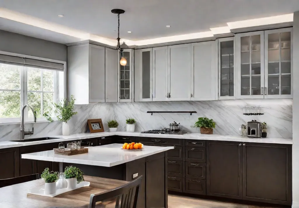 A bright and airy kitchen featuring white shaker cabinets equipped with pulloutfeat