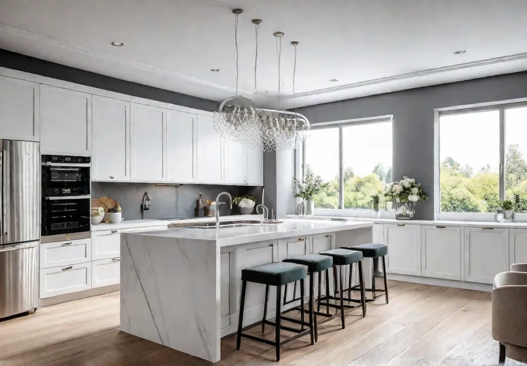 A bright and airy kitchen with a classic white kitchen island emphasizedfeat