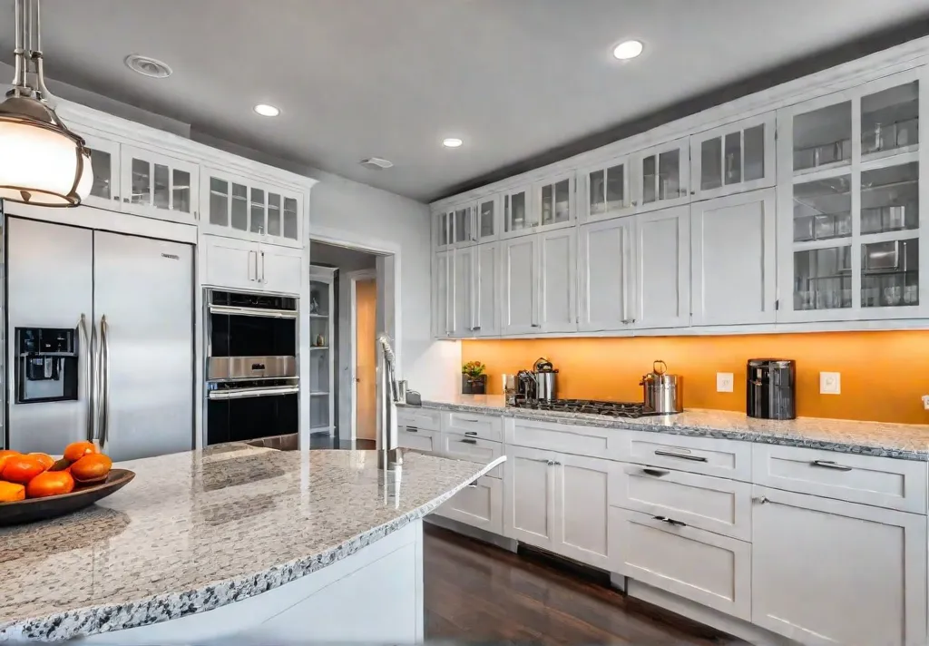 A bright and airy kitchen with shakerstyle cabinets featuring sleek stainless steelfeat