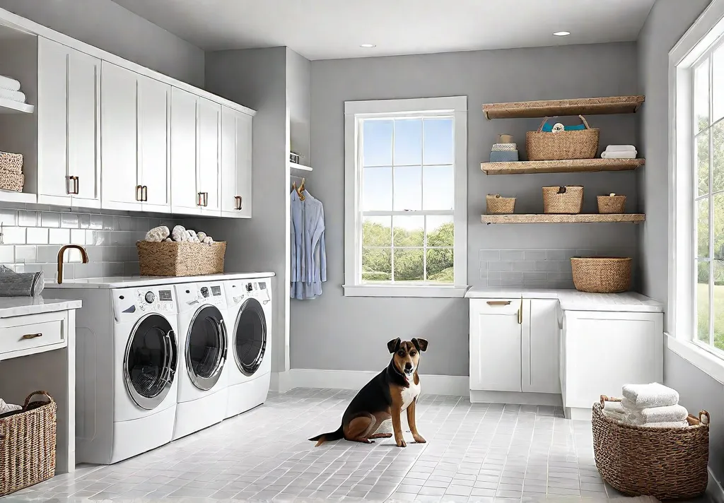 A bright and airy laundry room with large windows light gray tilefeat