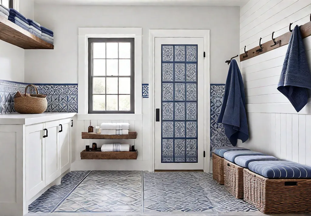 A bright and airy mudroom with large windows white walls and woodenfeat