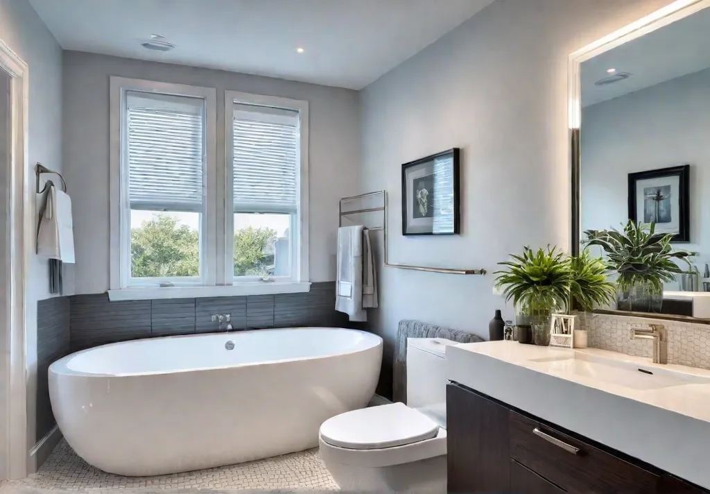 A bright and spacious bathroom with large windows featuring lightcolored walls slipresistantfeat