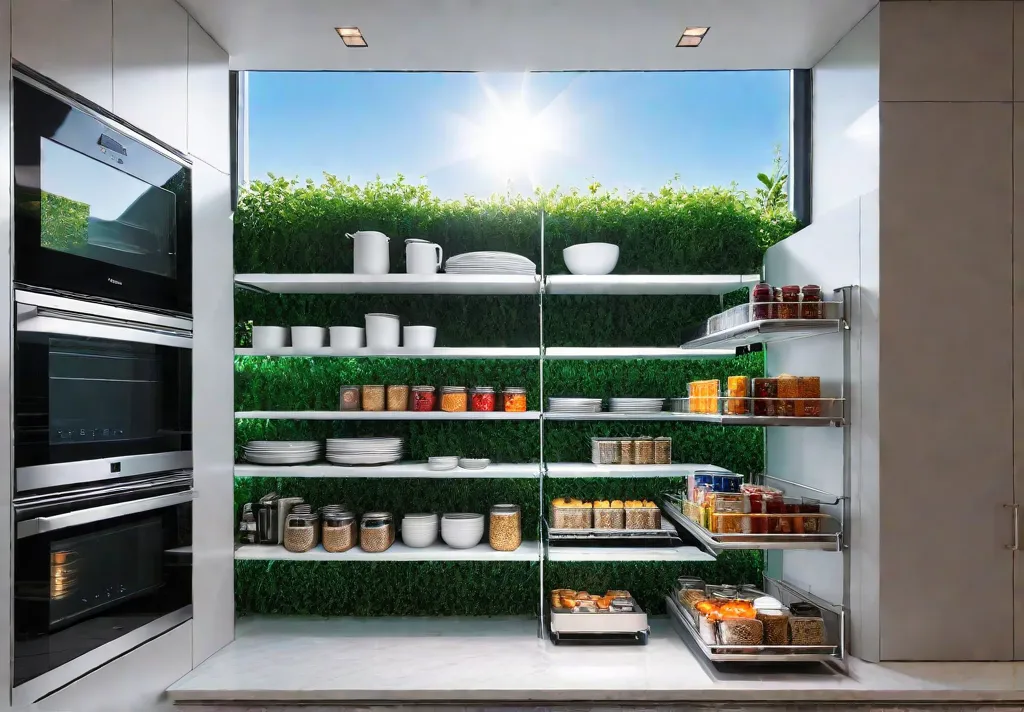 A brightly lit modern kitchen featuring a pullout pantry system with tieredfeat